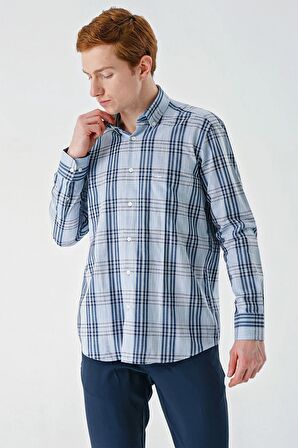 Koyu Mavi Uzun Kollu Ekoseli Cepli %100 Pamuk Klasik Comfort Fit Rahat Kesim Gömlek 1004240185