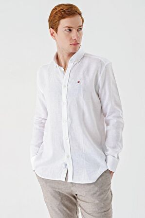 Beyaz Uzun Kollu Cepsiz Biyeli %100 Keten Klasik Comfort Fit Rahat Kesim Gömlek 1004240186