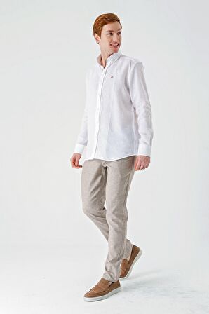 Beyaz Uzun Kollu Cepsiz Biyeli %100 Keten Klasik Comfort Fit Rahat Kesim Gömlek 1004240186