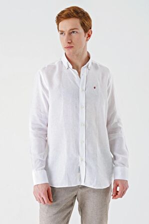 Beyaz Uzun Kollu Cepsiz Biyeli %100 Keten Klasik Comfort Fit Rahat Kesim Gömlek 1004240186