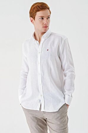 Beyaz Uzun Kollu Cepsiz Biyeli %100 Keten Klasik Comfort Fit Rahat Kesim Gömlek 1004240186