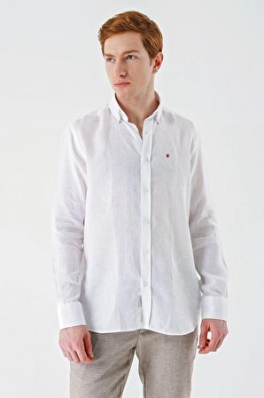 Beyaz Uzun Kollu Cepsiz Biyeli %100 Keten Klasik Comfort Fit Rahat Kesim Gömlek 1004240186