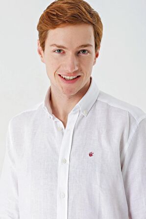 Beyaz Uzun Kollu Cepsiz Biyeli %100 Keten Klasik Comfort Fit Rahat Kesim Gömlek 1004240186