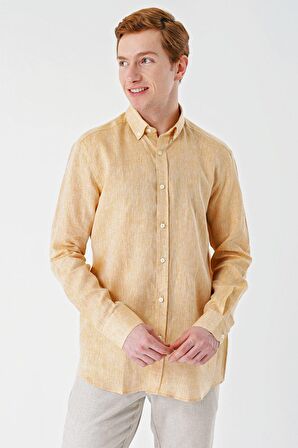 Hardal Uzun Kollu Cepsiz Biyeli %100 Keten Klasik Comfort Fit Rahat Kesim Gömlek 1004240186