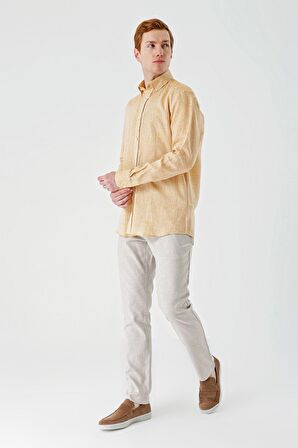 Hardal Uzun Kollu Cepsiz Biyeli %100 Keten Klasik Comfort Fit Rahat Kesim Gömlek 1004240186