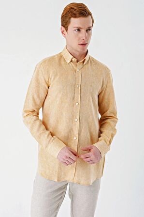 Hardal Uzun Kollu Cepsiz Biyeli %100 Keten Klasik Comfort Fit Rahat Kesim Gömlek 1004240186