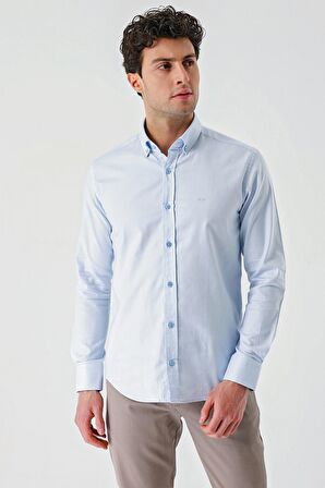 Koyu Mavi Uzun Kollu Oxford Cepsiz %100 Pamuk Klasik Slim Fit Dar Kesim Gömlek 1004240188