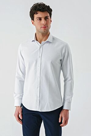 Mavi Uzun Kollu Desenli Armürlü Cepsiz Pamuklu Klasik Slim Fit Dar Kesim Gömlek 1004240189