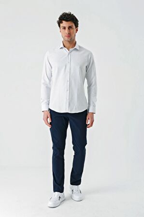 Mavi Uzun Kollu Desenli Armürlü Cepsiz Pamuklu Klasik Slim Fit Dar Kesim Gömlek 1004240189