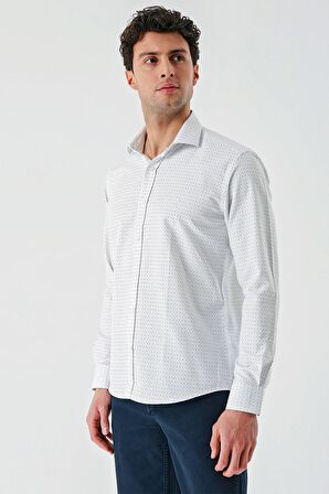 Bej Uzun Kollu Desenli Armürlü Cepsiz Pamuklu Klasik Slim Fit Dar Kesim Gömlek 1004240189