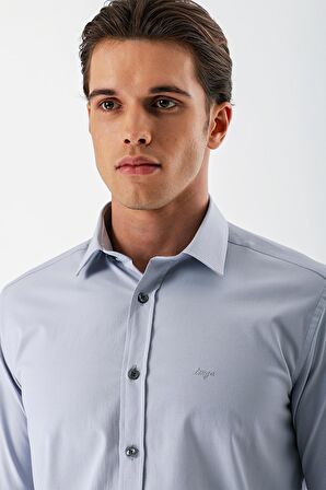 Gri Uzun Kollu Armürlü Cepsiz Pamuklu Likralı Slim Fit Dar Kesim Gömlek 1004240193