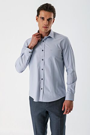 Gri Uzun Kollu Armürlü Cepsiz Pamuklu Likralı Slim Fit Dar Kesim Gömlek 1004240193