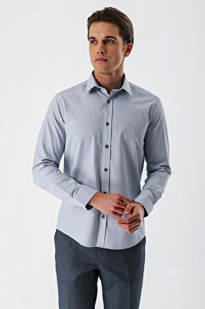 Gri Uzun Kollu Armürlü Cepsiz Pamuklu Likralı Slim Fit Dar Kesim Gömlek 1004240193