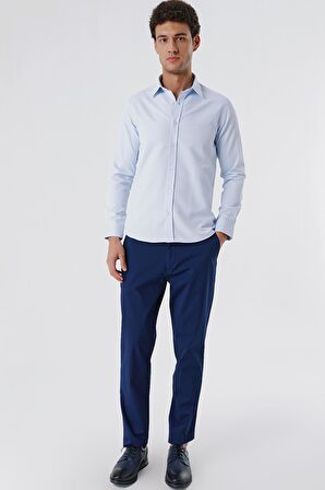 Koyu Mavi Uzun Kollu Armürlü Cepsiz Pamuklu Likralı Slim Fit Dar Kesim Gömlek 1004240193