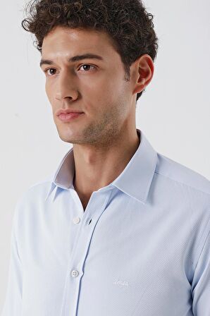 Koyu Mavi Uzun Kollu Armürlü Cepsiz Pamuklu Likralı Slim Fit Dar Kesim Gömlek 1004240193