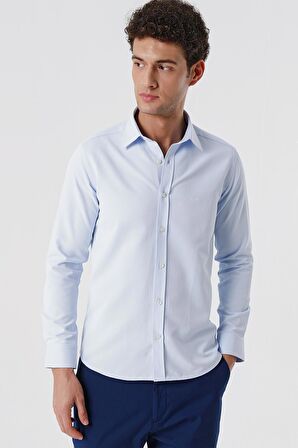 Koyu Mavi Uzun Kollu Armürlü Cepsiz Pamuklu Likralı Slim Fit Dar Kesim Gömlek 1004240193