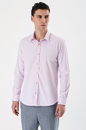 Pembe Uzun Kollu Armürlü Cepsiz Pamuklu Likralı Slim Fit Dar Kesim Gömlek 1004240193