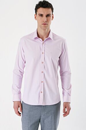 Pembe Uzun Kollu Armürlü Cepsiz Pamuklu Likralı Slim Fit Dar Kesim Gömlek 1004240193