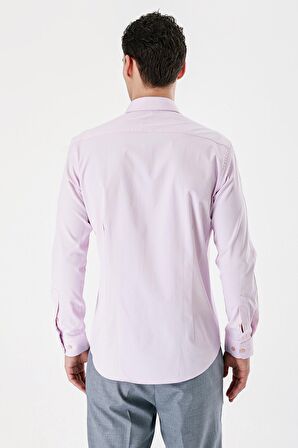 Pembe Uzun Kollu Armürlü Cepsiz Pamuklu Likralı Slim Fit Dar Kesim Gömlek 1004240193