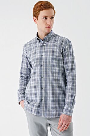 Gri Uzun Kollu Ekoseli Cepli Garnili Pamuklu Klasik Comfort Fit Rahat Kesim Gömlek 1004240194