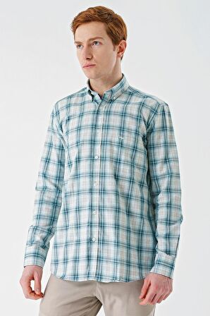 Su Yeşili Uzun Kollu Ekoseli Cepli Garnili Pamuklu Klasik Comfort Fit Rahat Kesim Gömlek 1004240194