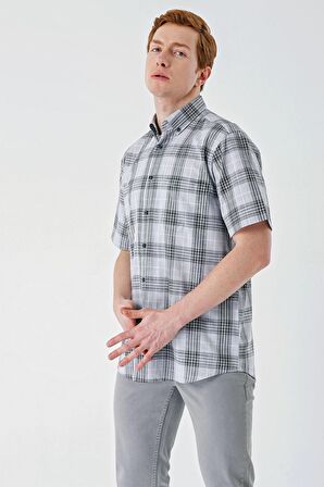 Siyah Kısa Kollu Ekoseli Cepli %100 Pamuk Klasik Comfort Fit Rahat Kesim Gömlek 1004240195