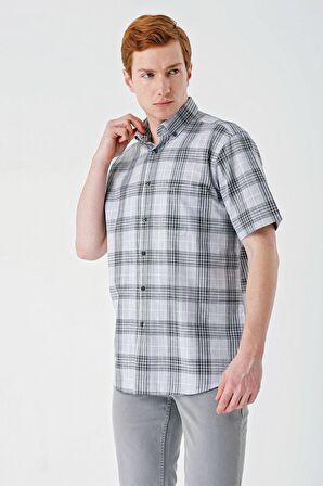 Siyah Kısa Kollu Ekoseli Cepli %100 Pamuk Klasik Comfort Fit Rahat Kesim Gömlek 1004240195