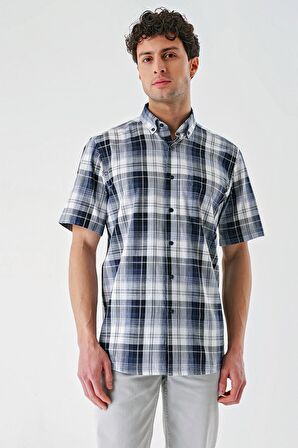 Lacivert Kısa Kollu Ekoseli Cepli %100 Pamuk Klasik Comfort Fit Rahat Kesim Gömlek 1004240196