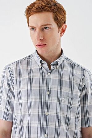 Gri Kısa Kollu Ekoseli Cepli Pamuklu Likralı Klasik Comfort Fit Rahat Kesim Gömlek 1004240198