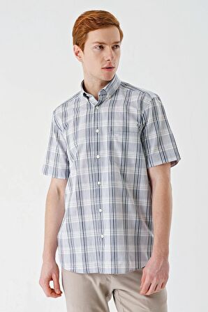 Gri Kısa Kollu Ekoseli Cepli Pamuklu Likralı Klasik Comfort Fit Rahat Kesim Gömlek 1004240198