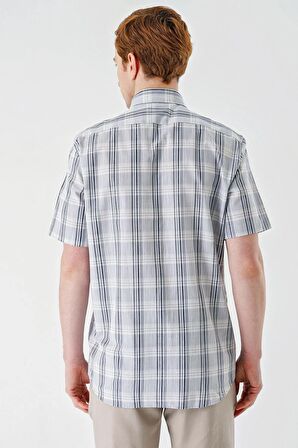 Gri Kısa Kollu Ekoseli Cepli Pamuklu Likralı Klasik Comfort Fit Rahat Kesim Gömlek 1004240198