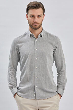 Gri Kısalabilir Kollu Armürlü Biritli Yaka Pamuklu Casual Slim Fit Dar Kesim Gömlek 1004240202
