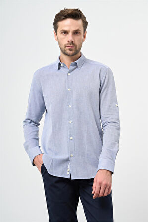 Mavi Kısalabilir Kollu Armürlü Biritli Yaka Pamuklu Casual Slim Fit Dar Kesim Gömlek 1004240202