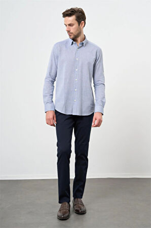 Mavi Kısalabilir Kollu Armürlü Biritli Yaka Pamuklu Casual Slim Fit Dar Kesim Gömlek 1004240202