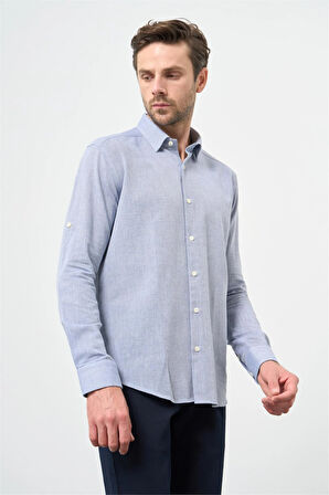 Mavi Kısalabilir Kollu Armürlü Biritli Yaka Pamuklu Casual Slim Fit Dar Kesim Gömlek 1004240202