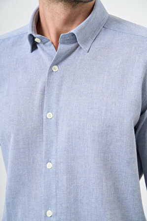 Mavi Kısalabilir Kollu Armürlü Biritli Yaka Pamuklu Casual Slim Fit Dar Kesim Gömlek 1004240202