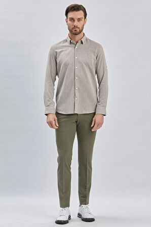 Koyu Kahverengi Kısalabilir Kollu Armürlü Biritli Yaka Pamuklu Casual Slim Fit Dar Kesim Gömlek 1004240202