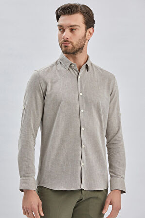 Koyu Kahverengi Kısalabilir Kollu Armürlü Biritli Yaka Pamuklu Casual Slim Fit Dar Kesim Gömlek 1004240202