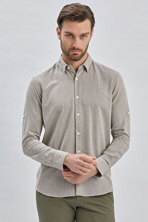 Koyu Kahverengi Kısalabilir Kollu Armürlü Biritli Yaka Pamuklu Casual Slim Fit Dar Kesim Gömlek 1004240202