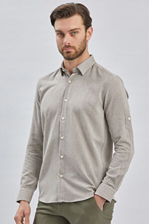 Koyu Kahverengi Kısalabilir Kollu Armürlü Biritli Yaka Pamuklu Casual Slim Fit Dar Kesim Gömlek 1004240202