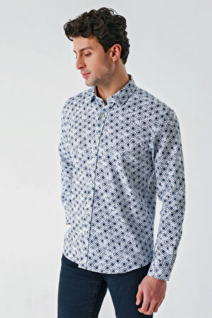 Koyu Lacivert Uzun Kollu Baskılı Garnili Pamuklu Casual Slim Fit Dar Kesim Gömlek 1004240211