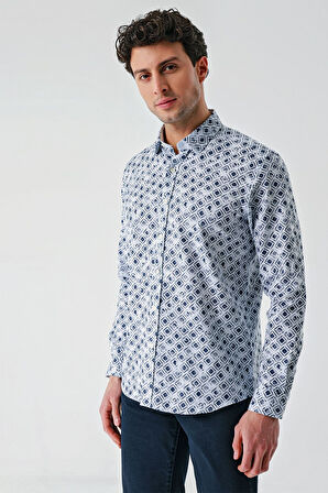 Koyu Lacivert Uzun Kollu Baskılı Garnili Pamuklu Casual Slim Fit Dar Kesim Gömlek 1004240211