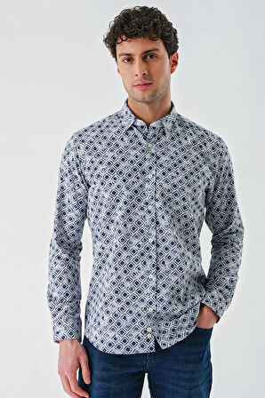 Koyu Mavi Uzun Kollu Baskılı Garnili Pamuklu Casual Slim Fit Dar Kesim Gömlek 1004240211