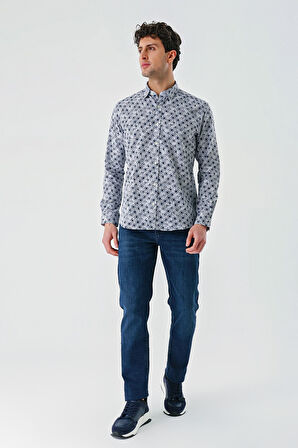 Koyu Mavi Uzun Kollu Baskılı Garnili Pamuklu Casual Slim Fit Dar Kesim Gömlek 1004240211