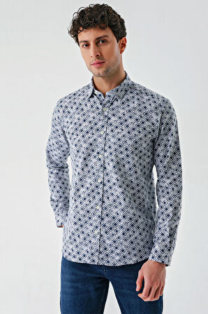 Koyu Mavi Uzun Kollu Baskılı Garnili Pamuklu Casual Slim Fit Dar Kesim Gömlek 1004240211