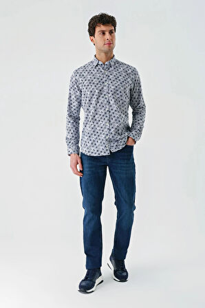 Koyu Mavi Uzun Kollu Baskılı Garnili Pamuklu Casual Slim Fit Dar Kesim Gömlek 1004240211
