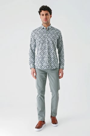 Su Yeşili Uzun Kollu Baskılı Garnili Pamuklu Casual Slim Fit Dar Kesim Gömlek 1004240211