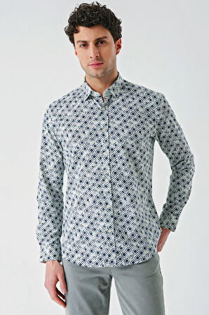 Su Yeşili Uzun Kollu Baskılı Garnili Pamuklu Casual Slim Fit Dar Kesim Gömlek 1004240211