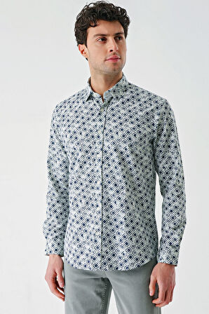 Su Yeşili Uzun Kollu Baskılı Garnili Pamuklu Casual Slim Fit Dar Kesim Gömlek 1004240211