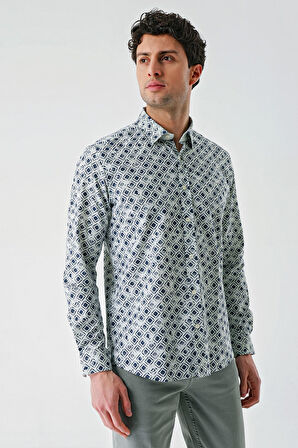 Su Yeşili Uzun Kollu Baskılı Garnili Pamuklu Casual Slim Fit Dar Kesim Gömlek 1004240211